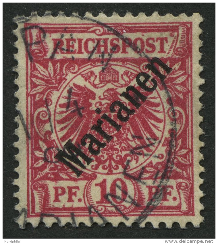 MARIANEN 3I O, 1899, 10 Pf. Diagonaler Aufdruck, Ein Brauner Zahn Sonst Pracht, Gepr. J&auml;schke-L., Mi. 240.- - Marianen