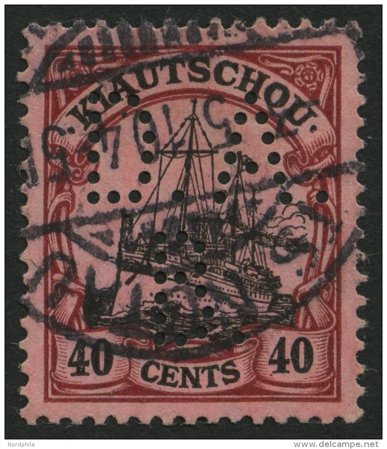 KIAUTSCHOU 33 O, 1905, 40 C. Dunkelr&ouml;tlichkarmin/schwarz Auf Mattrosarot, Mit Wz., Mit Lochung D.A.B., Feinst, Mi. - Kiautchou