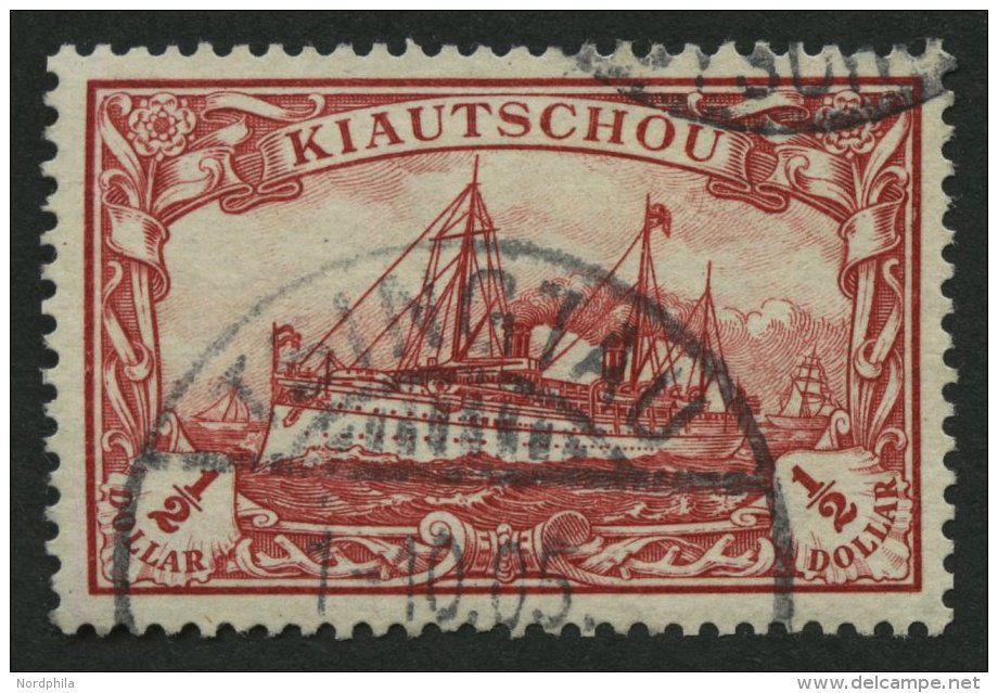 KIAUTSCHOU 24 O, 1905, 1/2 $ Dunkelkarminrot, Ohne Wz., Pracht, Gepr. J&auml;schke-L., Mi. 100.- - Kiautchou