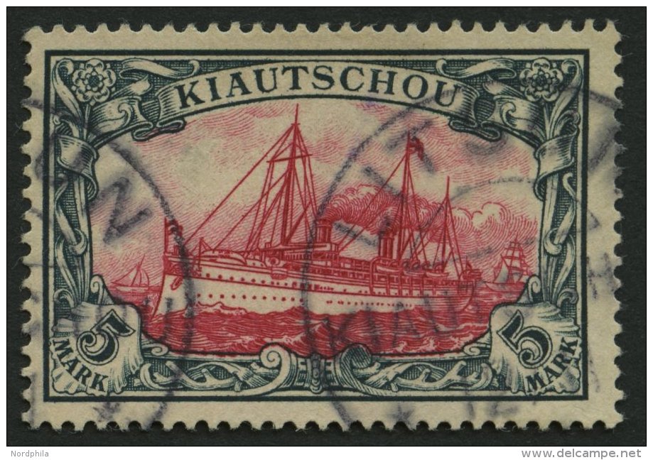 KIAUTSCHOU 17 O, 1901, 5 M. Gr&uuml;nschwarz/br&auml;unlichkarmin, Stempel LITSUN, Pracht, Mehrfach Signiert, Mi. 800.- - Kiautschou