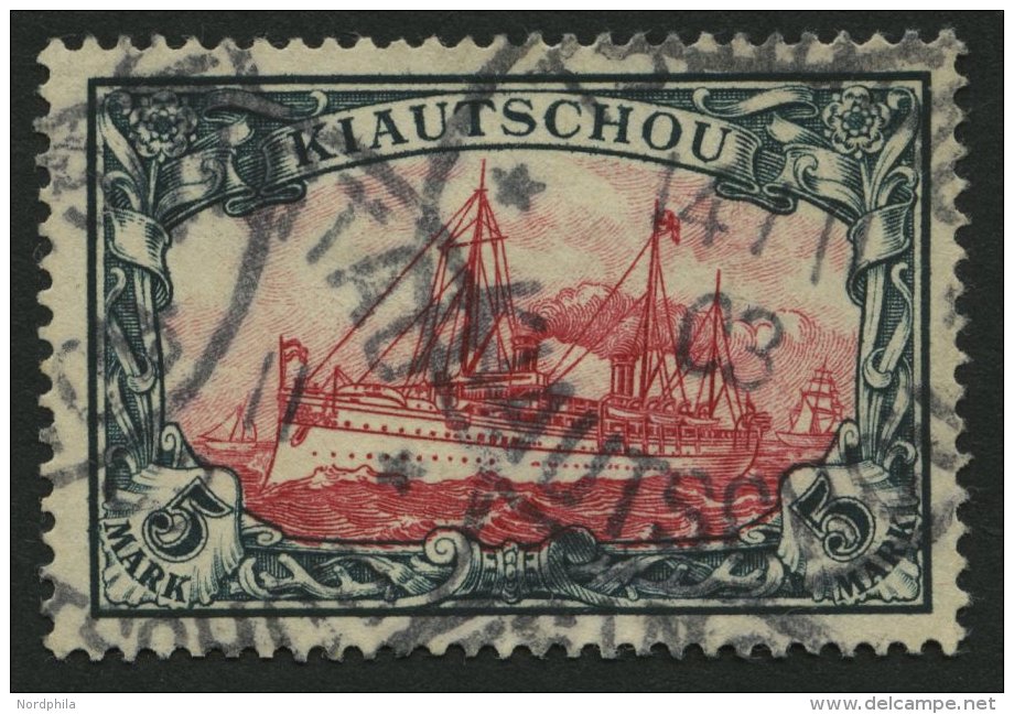 KIAUTSCHOU 17 O, 1901, 5 M. Gr&uuml;nschwarz/br&auml;unlichkarmin, Pracht, Gepr. B&uuml;hler, Mi. 800.- - Kiautchou