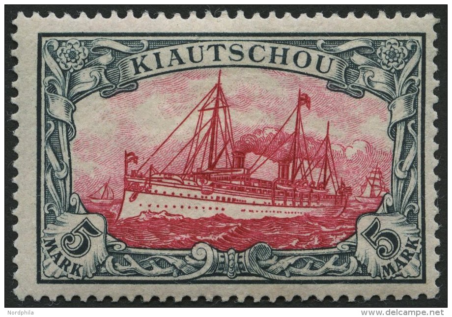 KIAUTSCHOU 17 *, 1901, 5 M. Gr&uuml;nschwarz/br&auml;unlichkarmin, Falzrest, Pracht, Fotobefund J&auml;schke-L., Mi. 250 - Kiautchou