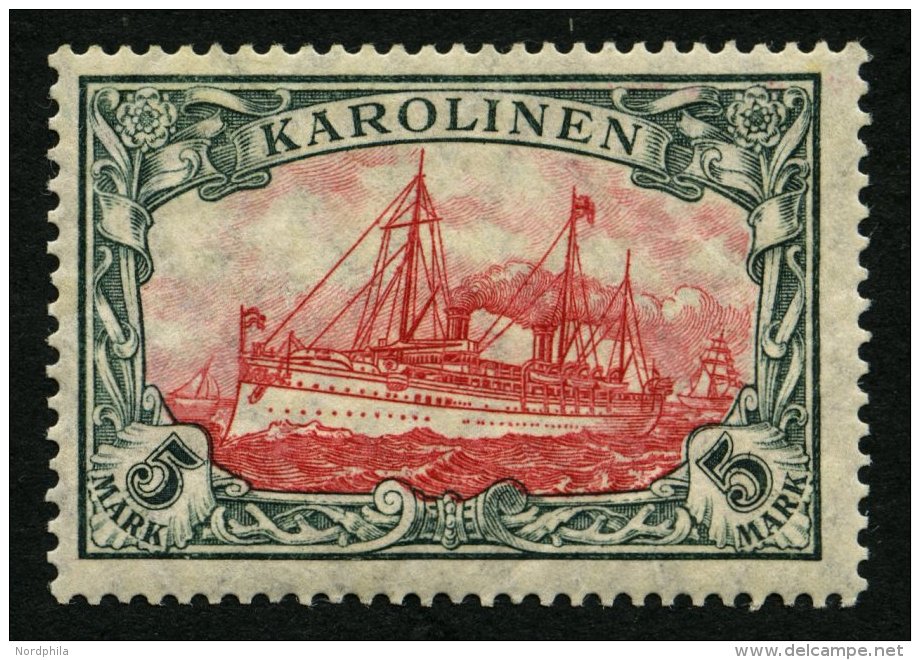 KAROLINEN 22IA *, 1915, 5 M. Gr&uuml;nschwarz/dunkelkarmin, Mit Wz., Friedensdruck, Falzreste, Pracht, Mi. 240.- - Karolinen