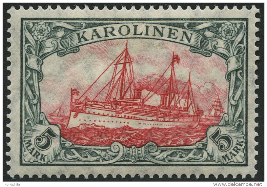 KAROLINEN 22IA *, 1915, 5 M. Gr&uuml;nschwarz/dunkelkarmin, Mit Wz., Friedensdruck, Falzrest, Pracht, Gepr. J&auml;schke - Karolinen