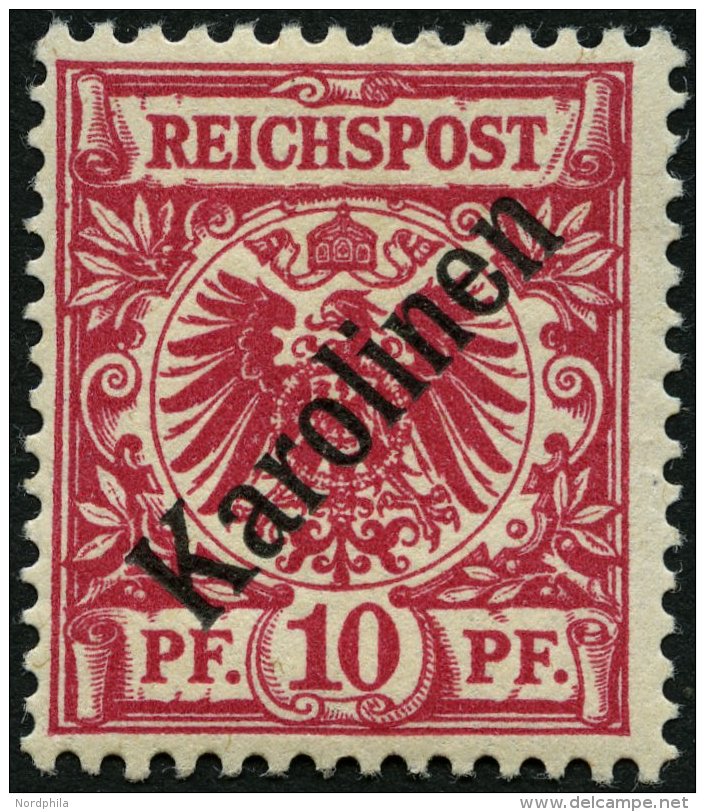 KAROLINEN 3I *, 1899, 10 Pf. Diagonaler Aufdruck, Falzrest, Pracht, Gepr. Steuer, Mi. 75.- - Karolinen