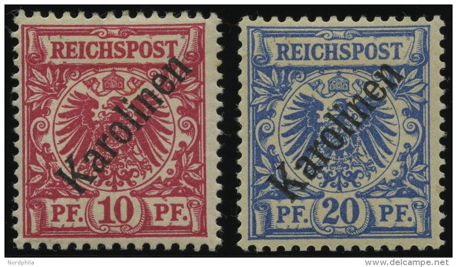 KAROLINEN 3/4I *, 1899, 10 Und 20 Pf. Diagonaler Aufdruck, Falzreste, 2 Prachtwerte, Mi. 150.- - Karolinen