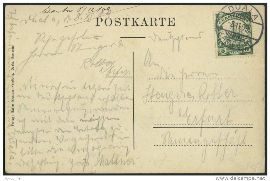 KAMERUN 21I BRIEF, 1909, 5 Pf. Gr&uuml;n, Mit Wz., Auf Ansichtskarte Von DUALA Nach Erfurt, Pracht - Kamerun