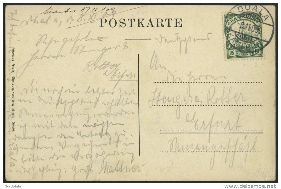 KAMERUN 21I BRIEF, 1909, 5 Pf. Gr&uuml;n, Mit Wz., Auf Ansichtskarte Von DUALA Nach Erfurt, Pracht - Camerún