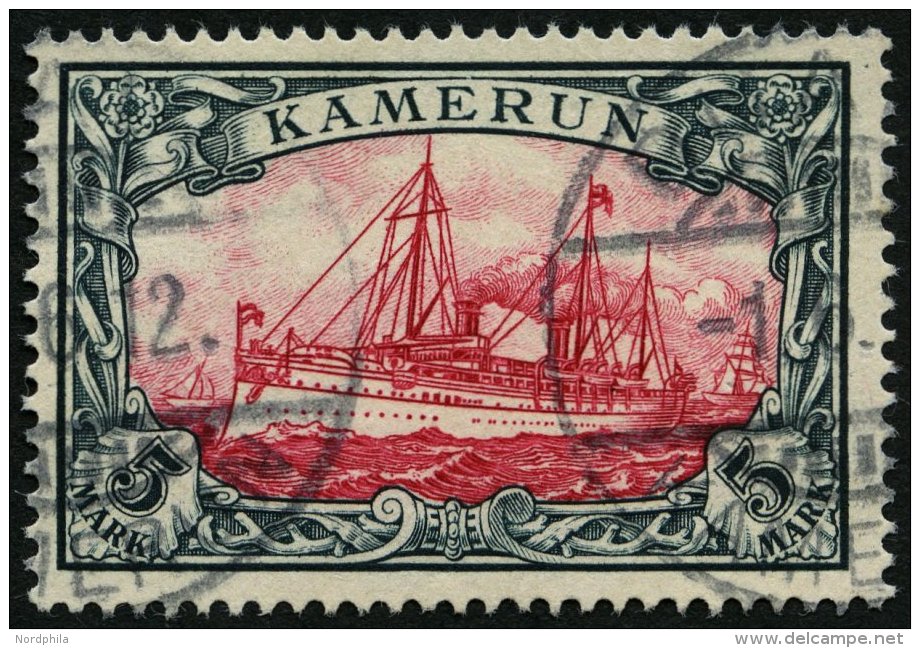 KAMERUN 19 O, 1900, 5 M. Gr&uuml;nschwarz/br&auml;unlichkarmin, Ohne Wz., Pracht, Mi. 600.- - Camerún