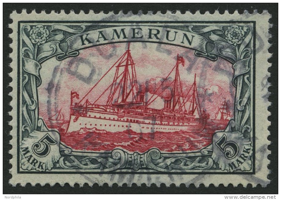 KAMERUN 19 O, 1900, 5 M. Gr&uuml;nschwarz/br&auml;unlichkarmin, Ohne Wz., Stempel DUALA, Pracht, Mi. 600.- - Camerún