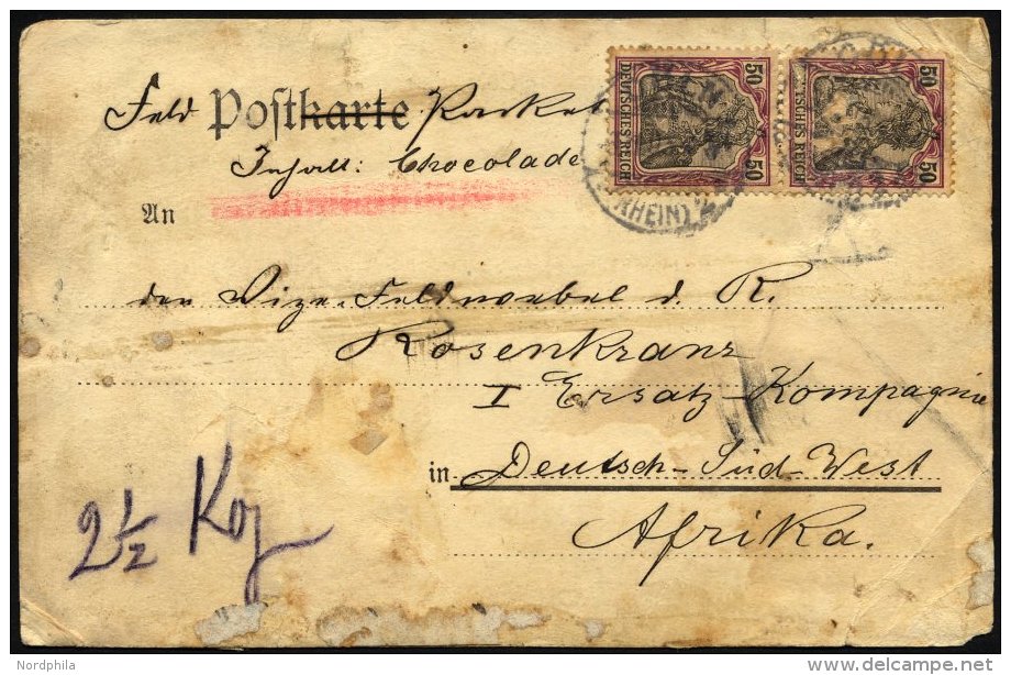 DSWA DR 76 Paar BRIEF, 1905, 50 Pf, Germania Im Senkrechten Paar (obere Marke Besch&auml;digt) Auf Paketadresse Nach Deu - Deutsch-Südwestafrika