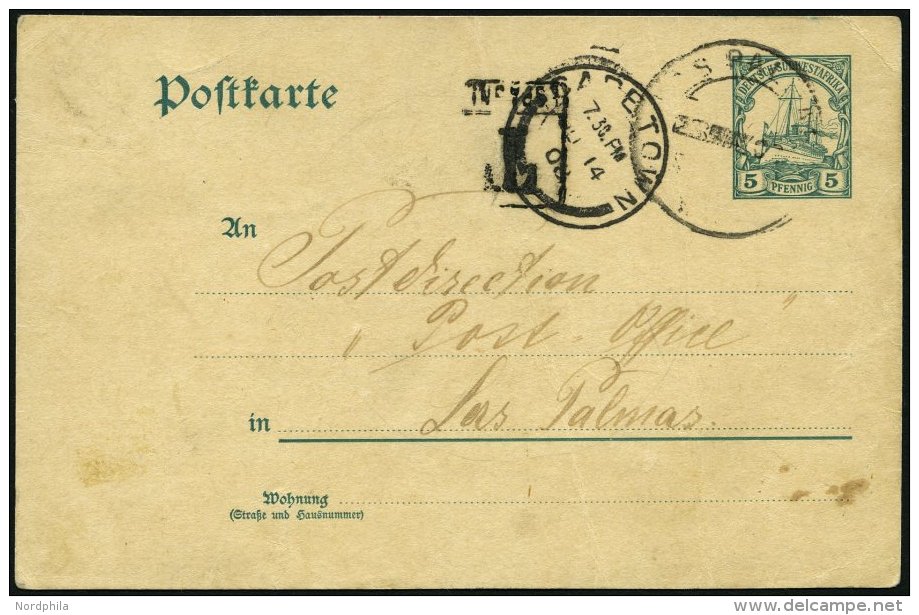 DSWA P 14 BRIEF, 1908, 5 Pf. Gr&uuml;n Von Passagier An Bord Der Prinzregent Nach Las Palmas, Dort Entwertet Und Weiter - África Del Sudoeste Alemana