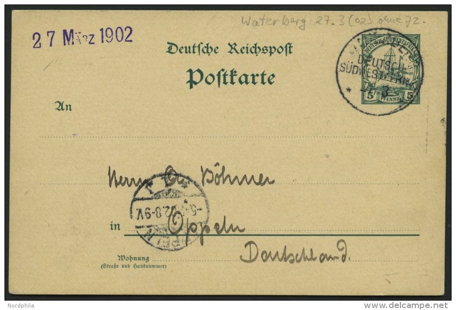 DSWA P 13 BRIEF, 1902, 5 Pf. Gr&uuml;n Mit Stempel WATERBERG, 27.3. (ohne Jahreszahl 1902), Prachtkarte Nach Oppeln - África Del Sudoeste Alemana