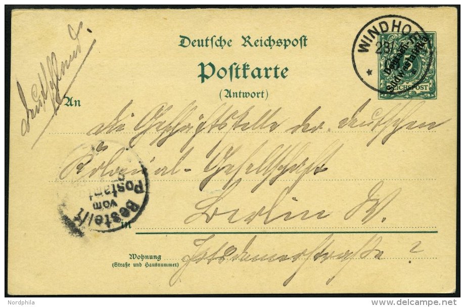 DSWA P 11A BRIEF, 1900, 5 Pf. Antwortteil Von WINDHOEK Von Oblt. Fritsche In Omaruru Nach Berlin, Pracht - África Del Sudoeste Alemana