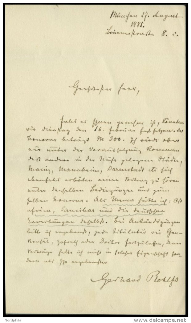 DEUTSCH-OSTAFRIKA 1985, Eigenh&auml;ndiger Brief Von Gerhard Rohles, Entdecker Verschiedener Teile Afrikas, Aus M&uuml;n - África Oriental Alemana