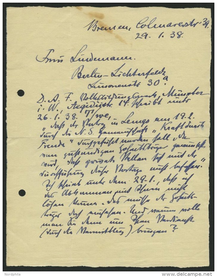 DEUTSCH-OSTAFRIKA 1938, Eigenh&auml;ndiger Brief Von Paul Lettow Aus Bremen, Betr. Vortrag Kraft Durch Freude, Unterzeic - Deutsch-Ostafrika