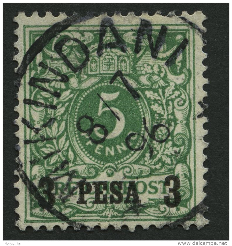 DEUTSCH-OSTAFRIKA 2I O, 1893, 3 P. Auf 5 Pf. Opalgr&uuml;n, Stempel MIKINDANI, Pracht, Gepr. Pauligk, Mi. (60.-) - África Oriental Alemana