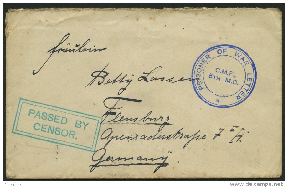 DEUTSCH-NEUGUINEA 1915, Brief Aus Dem Lager ROTTNEST ISLAND Nach Flensburg Mit Blauem K3 PRISONER OF WAR LETTER C.M.F. 5 - Nueva Guinea Alemana