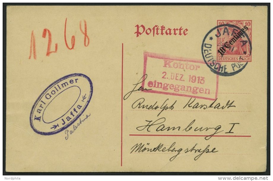 DP T&Uuml;RKEI P 19 BRIEF, 1913, 10 Centimes Auf 10 Pf., Prachtkarte Von JAFFA Nach Hamburg - Deutsche Post In Der Türkei