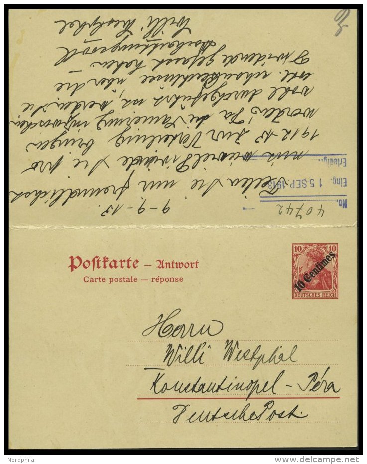 DP T&Uuml;RKEI P 18 BRIEF, 1913, 10 Centimes Auf 10 Pf., Stempel CONSTANTINOPEL 3 **, Prachtkarte - Turquia (oficinas)