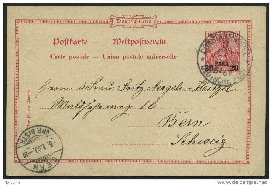 DP T&Uuml;RKEI P 7 BRIEF, 1900, 20 PARA Auf 10 Pf. Reichspost Stempel CONSTANTINOPEL 3 **, Prachtkarte In Die Schweiz - Deutsche Post In Der Türkei