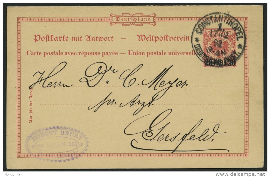 DP T&Uuml;RKEI P 2 BRIEF, 1892, 20 PARA Auf 10 Pf., Frageteil, Stempel CONSTANTINOPEL 1 **, Prachtkarte Nach Gersfeld - Turquia (oficinas)