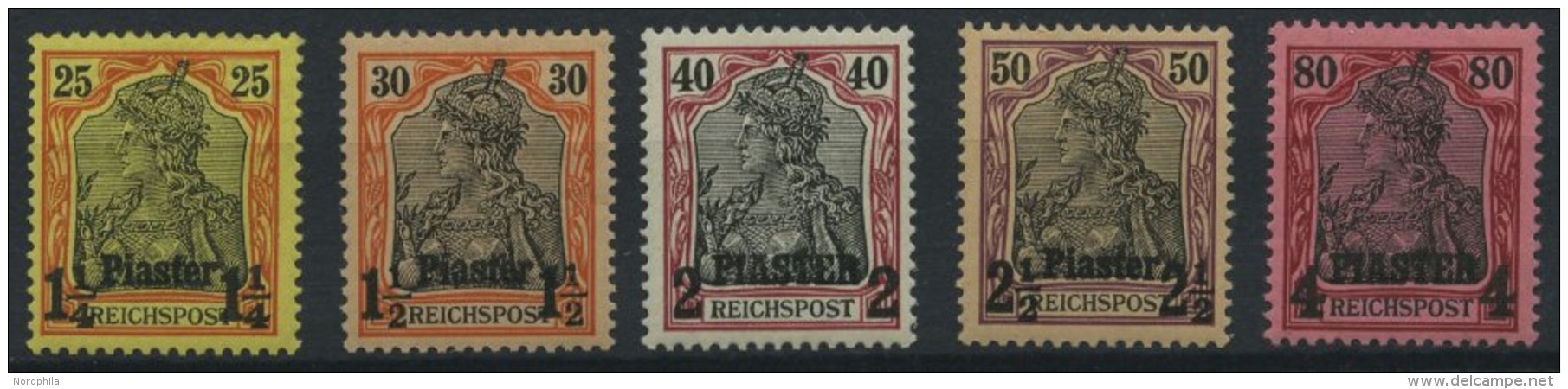 DP T&Uuml;RKEI I-V **, 1902, Nicht Ausgegeben: 11/4 Pia. Auf 25 Pf. - 4 PIA Auf 80 Pf., Postfrisch, 5 Prachtwerte, Mi. 3 - Deutsche Post In Der Türkei