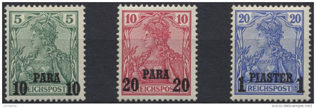 DP T&Uuml;RKEI 12-14II *, 1902, 10 PA. Auf 5 Pf. - 1 PIA. Auf 20 Pf., Aufdruck Type II, Falzreste, 3 Prachtwerte, Mi. 61 - Deutsche Post In Der Türkei