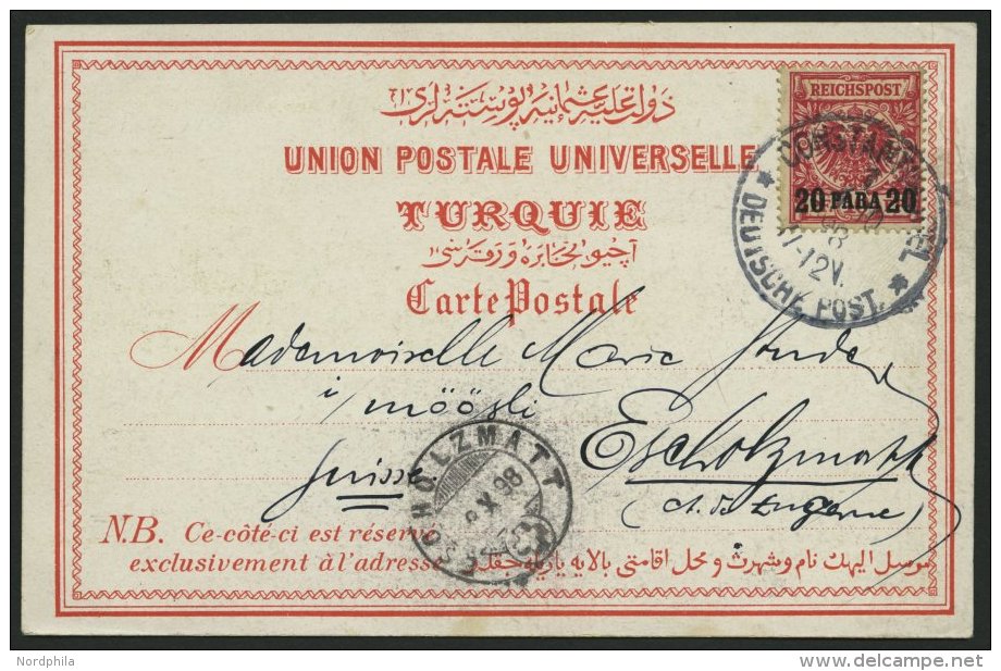 DP T&Uuml;RKEI 7d BRIEF, 1898, 20 PA. Auf 10 Pf. Lebhaftlilarot Auf Dekorativer Ansichtskarte Von CONSTANTINOPEL Nach Es - Deutsche Post In Der Türkei