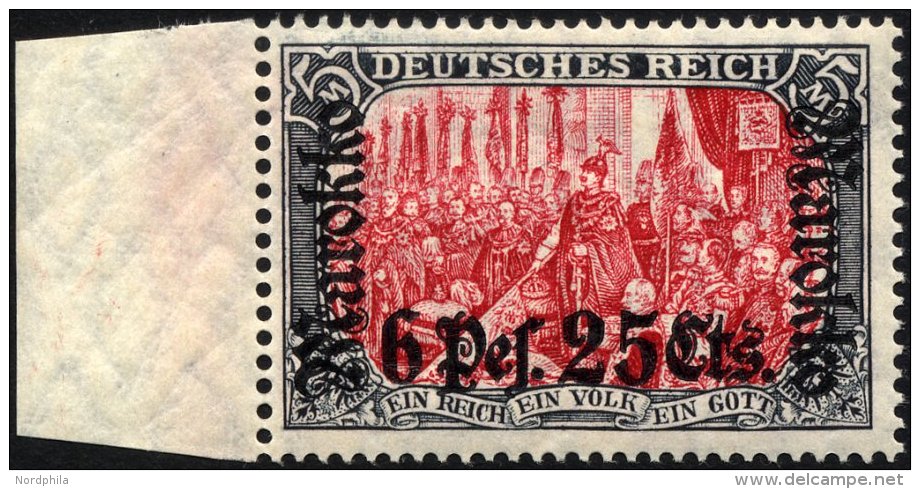 DP IN MAROKKO 58IAM *, 1912, 6 P. 25 C. Auf 5 M. Schwarz/dunkelkarmin, Sog. Ministerdruck, Linkes Randst&uuml;ck, Falzre - Marruecos (oficinas)