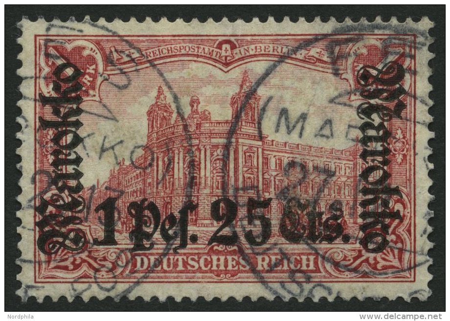 DP IN MAROKKO 55IA O, 1911, 1 P. 25 C. Auf 1 M., Friedensdruck, Stempel FES, Pracht, Gepr. Steuer, Mi. 80.- - Marruecos (oficinas)