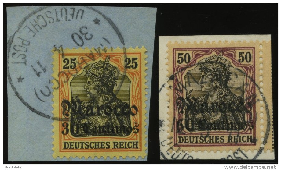 DP IN MAROKKO 38,41 BrfStk, 1911, 30 C. Auf 25 Pf. Und 60 C. Auf 50 Pf., Mit Wz., 2 Briefst&uuml;cke Mit Stempel KK, Pra - Marruecos (oficinas)