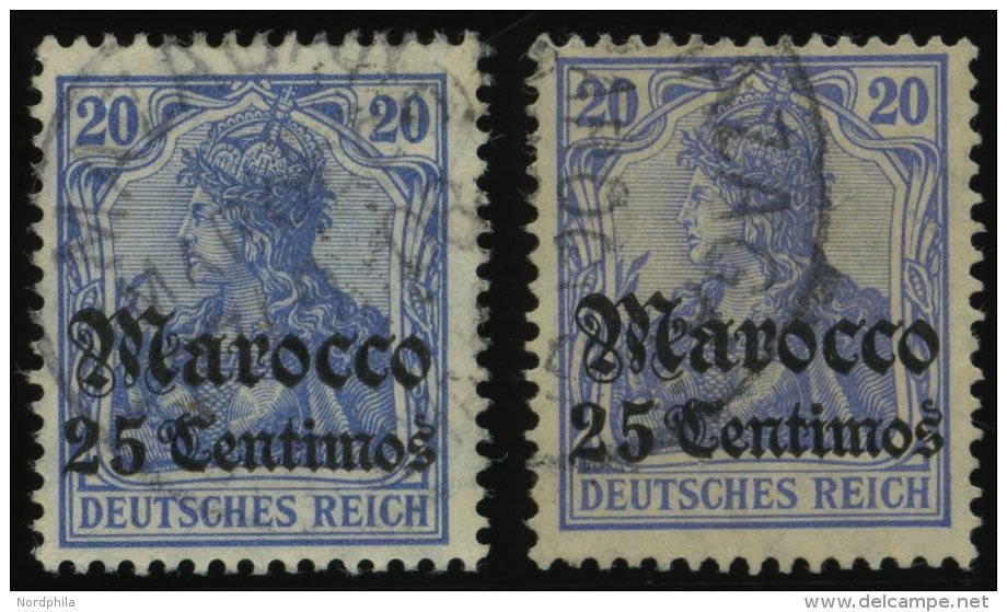 DP IN MAROKKO 37b,c O, 1906, 25 C. Auf 20 Pf. Lebhaftviolettultramarin Und Hellultramarin, 2 Prachtwerte, Gepr. J&auml;s - Deutsche Post In Marokko