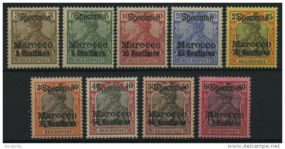 DP IN MAROKKO 7-15SP *, 1900, 3 C. Auf 3 Pf. - 1 P. Auf 80 Pf. Reichspost Mit Aufdruck Specimen, Falzrest, 9 Prachtwerte - Deutsche Post In Marokko