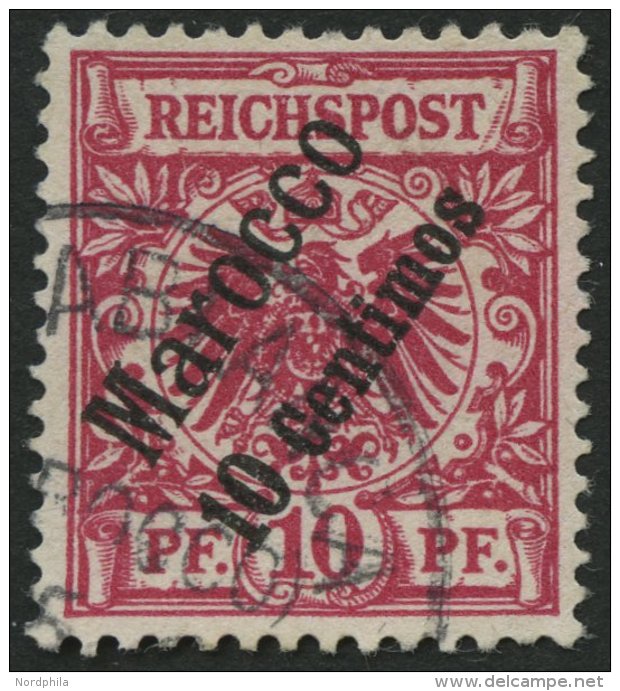 DP IN MAROKKO 3d O, 1899, 10 C. Auf 10 Pf. Lilarot, &uuml;blich Gez&auml;hnt Pracht, Gepr. J&auml;schke-L., Mi. 100.- - Deutsche Post In Marokko