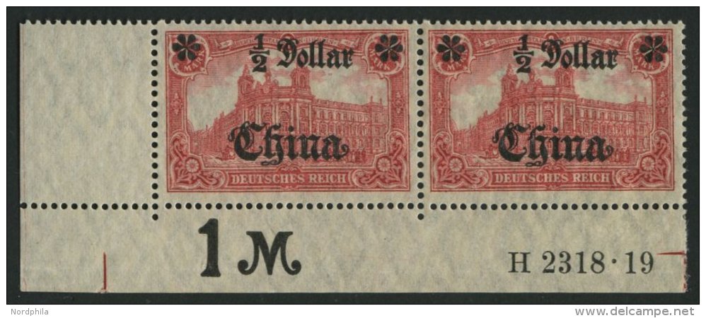 DP CHINA 44IIBR HAN **, 1919, 1/2 D. Auf 1 M., Mit Wz., Kriegsdruck, Aufdruck Gl&auml;nzend, Im Waagerechten Paar Aus De - China (oficinas)
