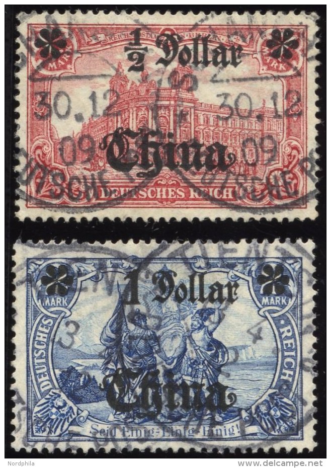 DP CHINA 44IAI,45IAII O, 1906/7, 1/2 D. Auf 1 M. Und 1 D. Auf 2 M., Mit Wz., Friedensdruck, 2 Werte &uuml;blich Gez&auml - Deutsche Post In China