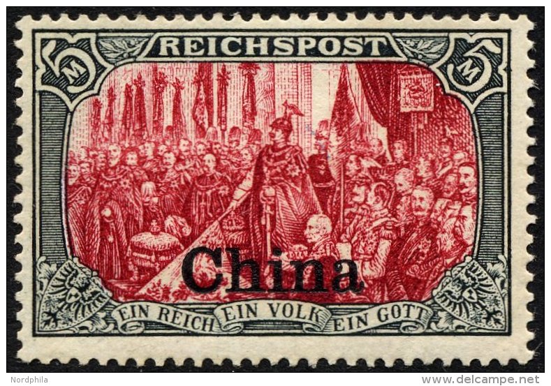 DP CHINA 27IV *, 1901, 5 M. Reichspost, Type I, Nachmalung Nur Mit Deckwei&szlig;, Falzreste, Pracht, Fotoattest J&auml; - Deutsche Post In China