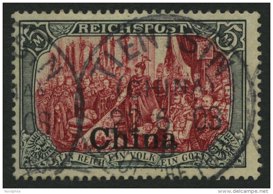 DP CHINA 27III O, 1901, 5 M. Reichspost, Type I, Nachmalung Mit Rot Und Deckwei&szlig;, Zentrischer Stempel TIENTSIN, Pr - Deutsche Post In China