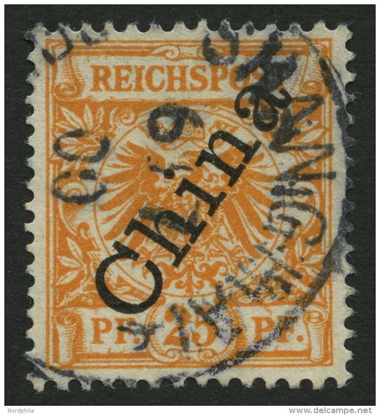 DP CHINA 5IIaPFII O, 1898, 25 Pf. Gelblichorange Steiler Aufdruck Mit Plattenfehler I In Reichspost Oben Gespalten, Klei - China (oficinas)