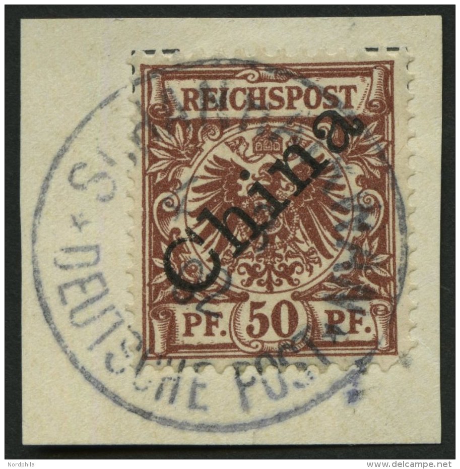 DP CHINA 6I BrfStk, 1898, 50 Pf. Diagonaler Aufdruck, Zentrischer Stempel SCHANGHAIKWAN, Kleiner Eckzahnfehler Sonst Pra - Deutsche Post In China