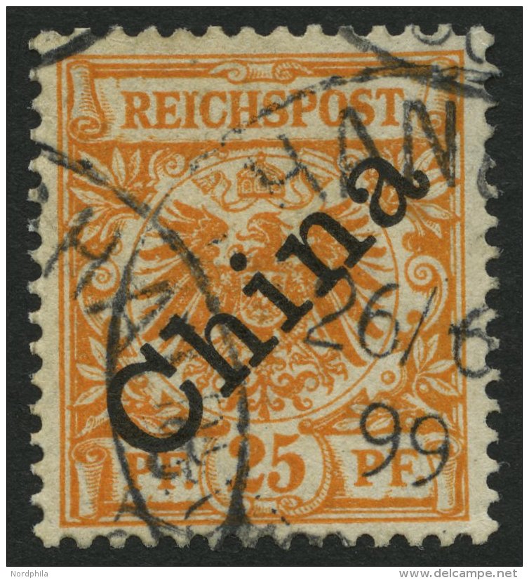 DP CHINA 5IaPFII O, 1898, 25 Pf. Gelblichorange Diagonaler Aufdruck Mit Plattenfehler I In Reichspost Oben Gespalten, Pr - China (oficinas)