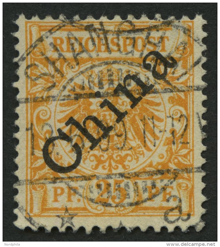 DP CHINA 5Ia O, 1898, 25 Pf. Gelblichorange Diagonaler Aufdruck, Zentrischer Schweizer Stempel SHANGHAI A, Kleine Sch&uu - Deutsche Post In China