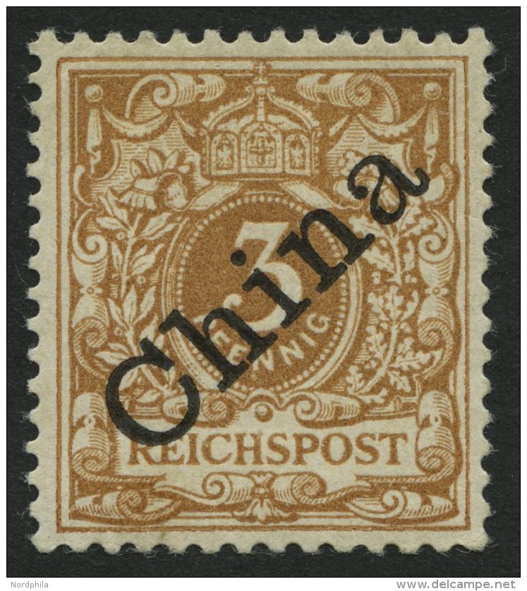 DP CHINA 1Id *, 1898, 3 Pf. Hellocker Diagonaler Aufdruck, Falzrest, Pracht, R!, Fotoattest J&auml;schke-L., Mi. 800.- - China (oficinas)