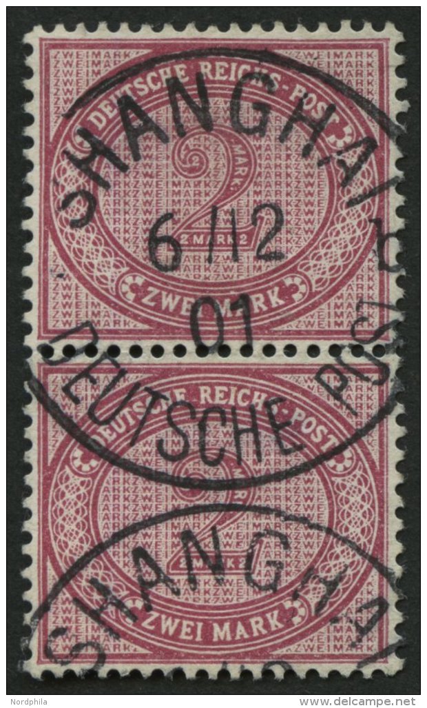 DP CHINA V 37f Paar O, 1901, 2 M. R&ouml;tlichkarmin Im Senkrechten Paar, Stempel SHANGHAI DP *a, Untere Marke D&uuml;nn - Deutsche Post In China