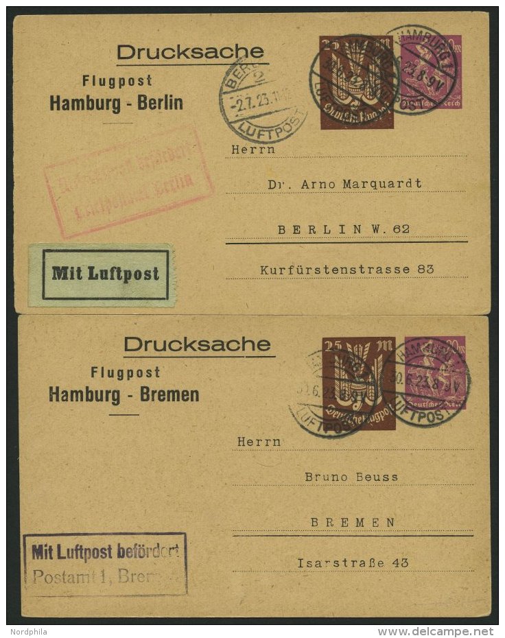 LUFTPOST-GANZSACHEN LPP81/011/2 BRIEF, 30.6.1923, 25 M. Braun, 20 M. Lila Drucksache, Hamburg-Berlin Und Hamburg-Bremen, - Aviones