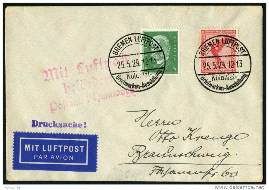 LUFTPOSTAUFGABESTEMPEL 7-02 BRIEF, 25.5.29, Bremen Luftpost Kolonial-Briefmarken-Ausstellung Auf Brief Aus Bremen, Prach - Flugzeuge