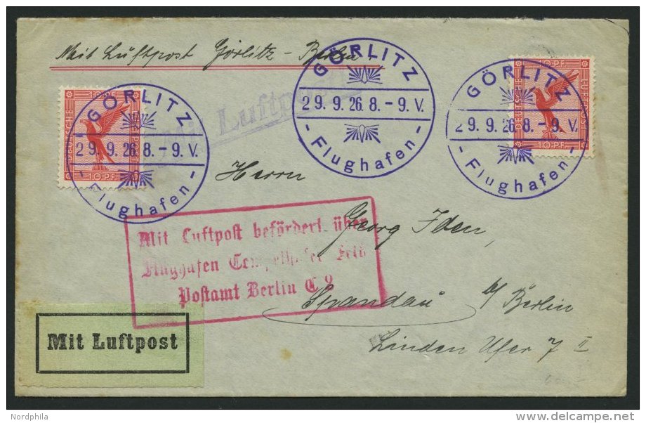 FLUGPLATZ, FLUGHAFENSTPL 28-04 BRIEF, G&ouml;rtlitz Flughafen, 1926, Violetter K1 Auf Brief Nach Spandau, Pracht - Aviones