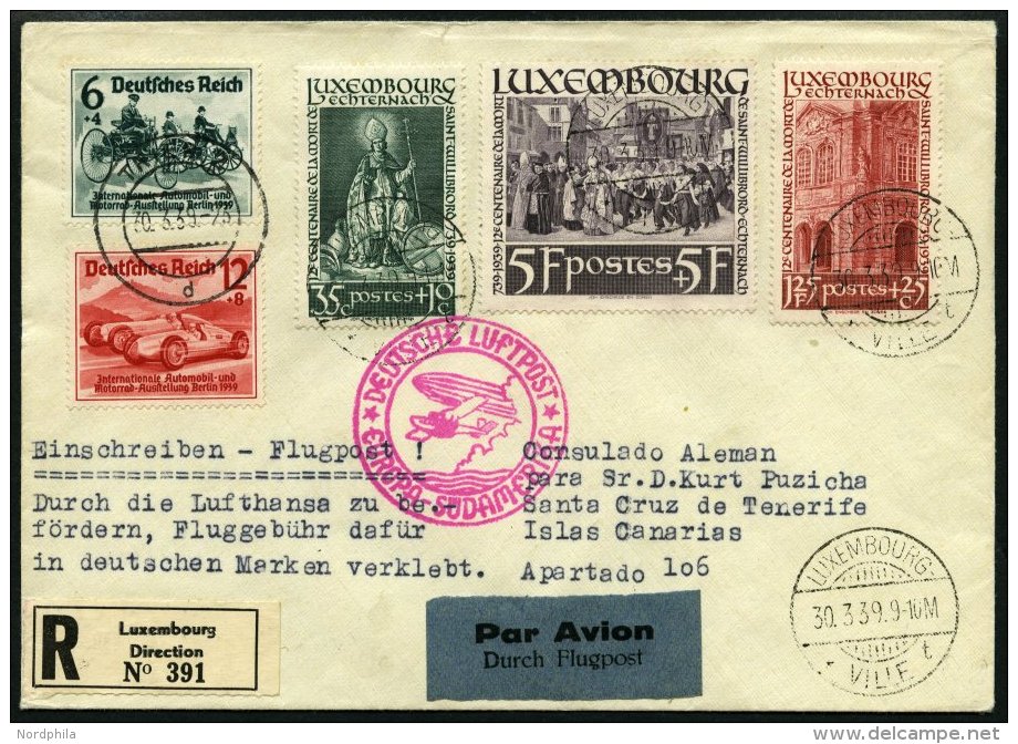 SP&Auml;TERE FL&Uuml;GE (SPF) 30.3.1939, S&uuml;datlantik-Etappe, Einschreibbrief Mit Dt. Reich/Luxemburg Frankatur, Ab - Aviones