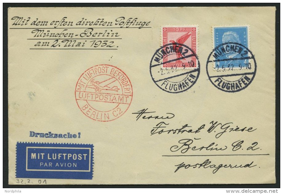 SP&Auml;TERE FL&Uuml;GE (SPF) 2.5.1932, M&uuml;nchen-Berlin, Prachtbrief - Aviones